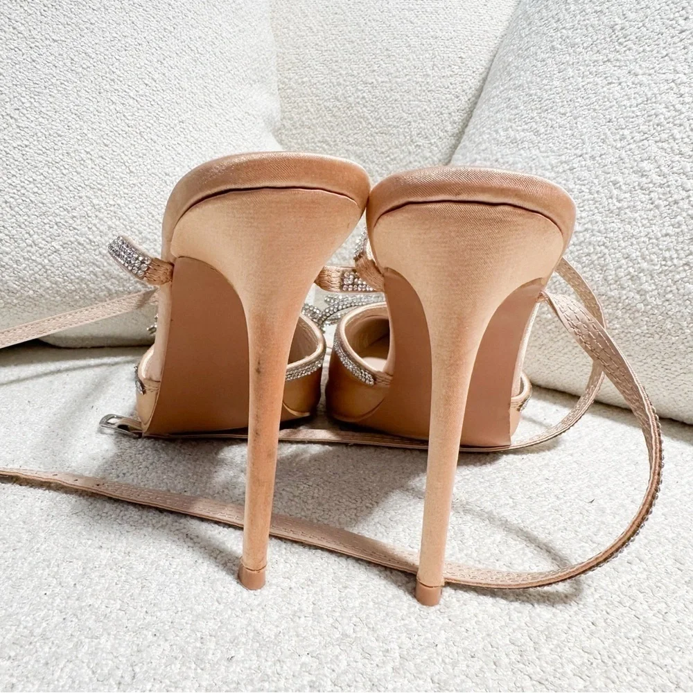 Lulus Lullie Rose Gold Satin Rhinestone Ankle Strap Pointed-Toe Pumps sz 8